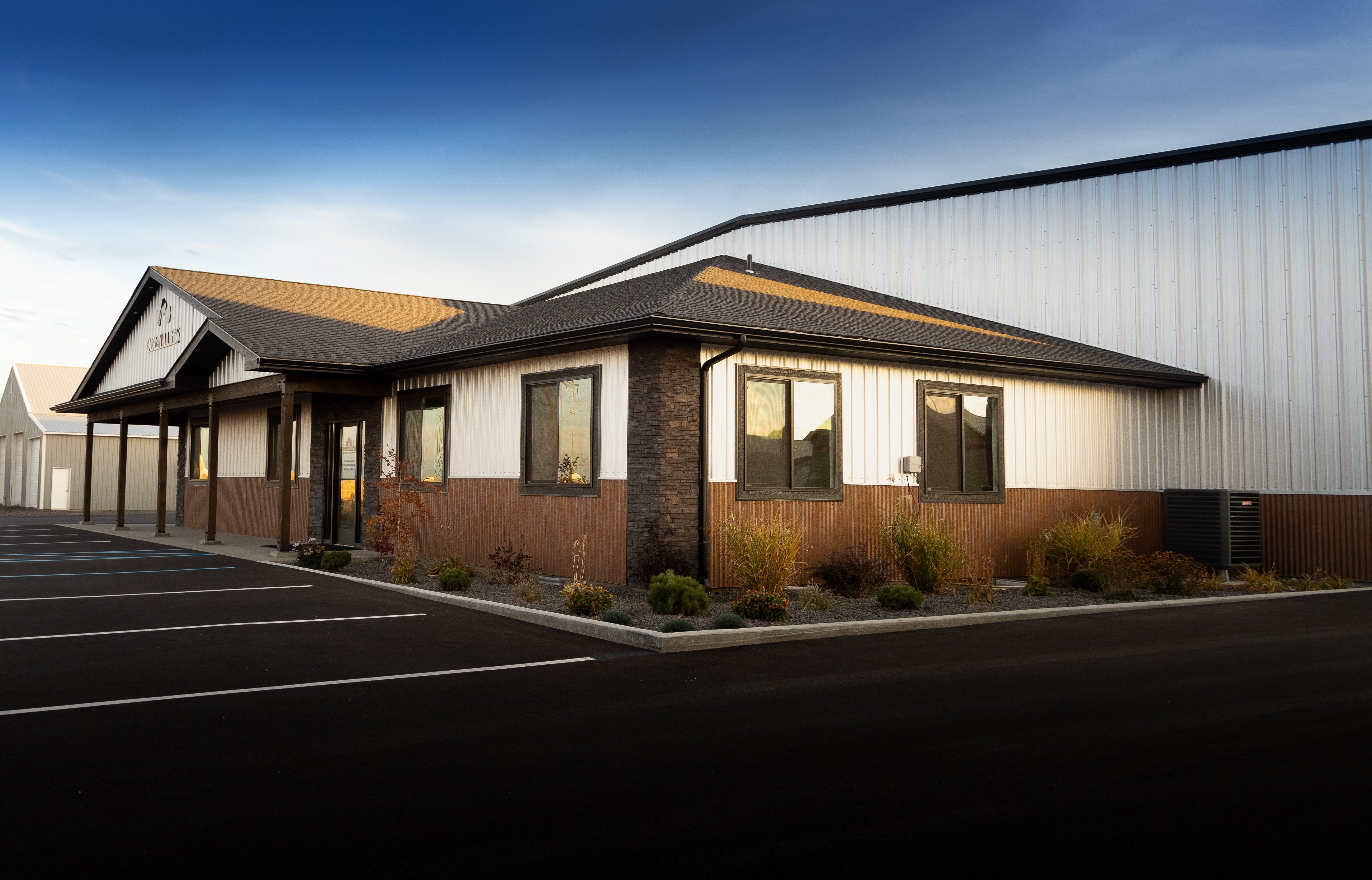Steel building for a manufacturing facility with offices and warehouse space in Grangeville Idaho.